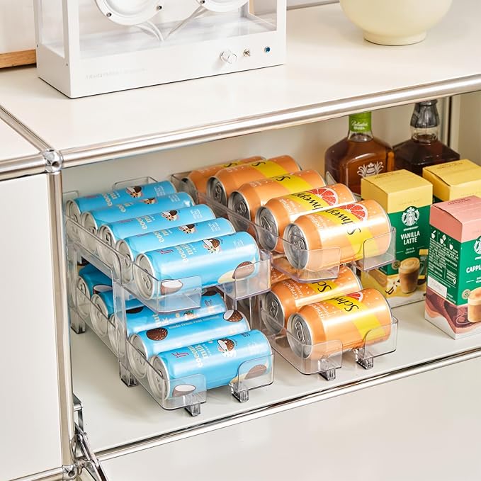 2 Pack Adjustable Soda Can Organizer,Expandable 2 Tier Gravity Beverage Drink Dispenser for Mini Fridge,Rolling Pop Can Storage for Refrigerator,Mini and Tall Skinny Can Holder for Pantry