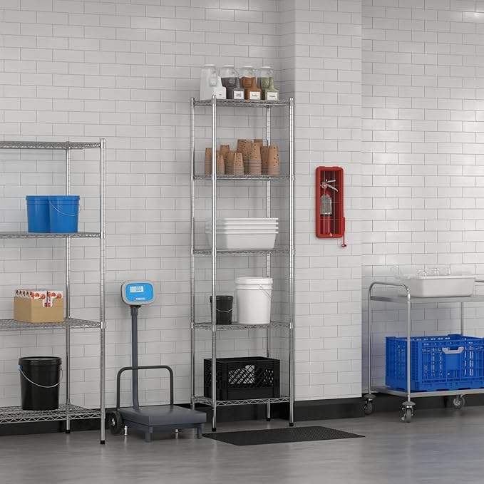Commercial NSF Listed Chrome Stationary Wire Shelving Kit 14" x 24" x 86", with 5 Shelves Perfect for Warehouse, Walk-in Refrigerator, Freezer, Grocery Store, Restaurant, Dishroom