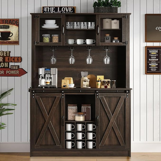 4ever2buy Farmhouse Coffee Bar Cabinet with 4 Mug Hooks, 72 Inch Wine Bar with with Hutch and 2 Sliding Barn Doors, Tall Coffee Bar with 9 Wine Racks for Living Dining Room, Dark Oak