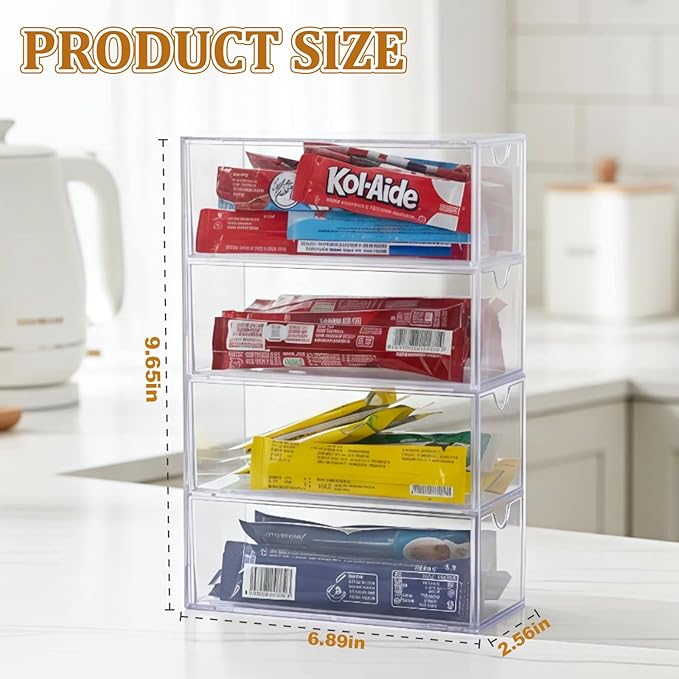 Drink Packet Organizer, Water Packet Holder with 4 Clear Drawers, Clear Acrylic Drink Mix Holder, Kitchen Storage Organizers for Kitchen Bins Cabinets Organizer
