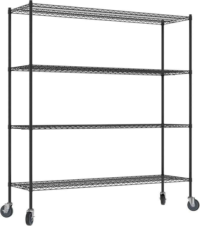 Commercial NSF Listed Black Epoxy Mobile Wire Shelving Kit 21" x 72" x 80", with 4 Shelves Perfect for Warehouse, Walk-in Refrigerator, Freezer, Grocery Store, Restaurant, Dishroom