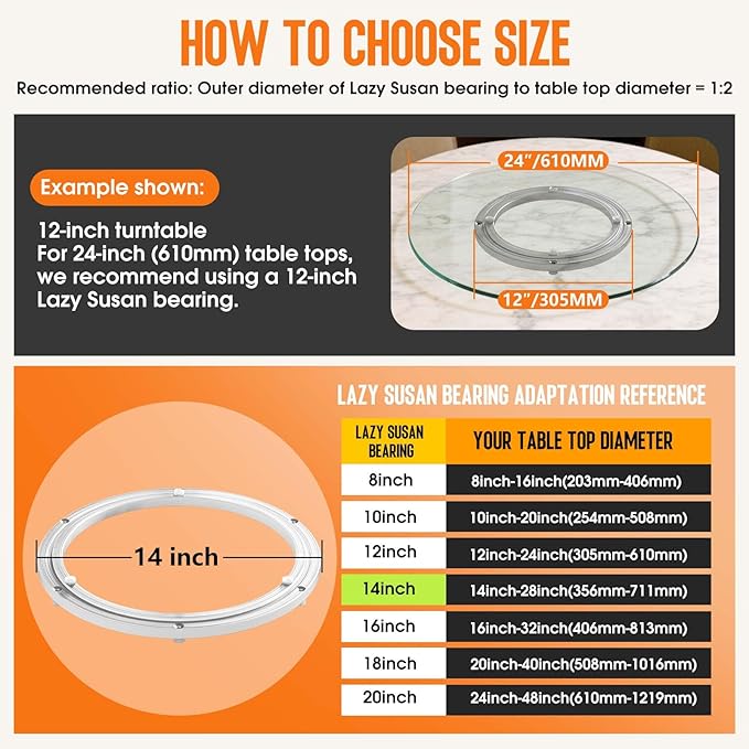 Lazy Susan Hardware, Heavy Duty Lazy Susan Bearing & Swivel Turntable - 14 Inch Rotating Bearing Plate for Round Dining Table, Smooth Swivel Mechanism