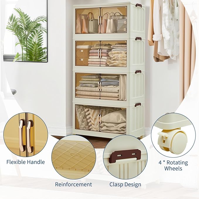 GarveeHome 380QT Stackable Storage Bins, Folding Storage Box with Magnetic Doors & Wheels, Loset Organizers and Storage with Lids, Collapsible Plastic Drawers for Bedroom Kitchen Office, White