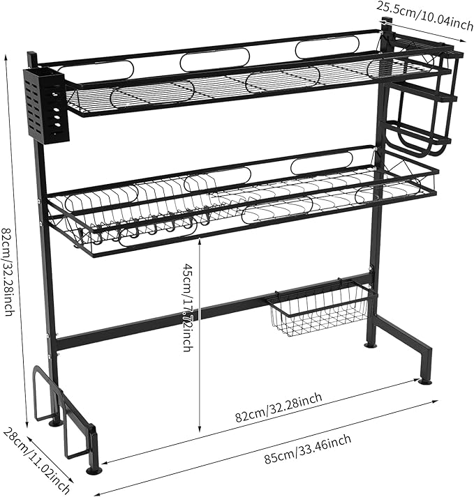 Over The Sink Dish Drying Rack, 2-Tier Carbon Steel Dish Rack with 22.05lbs High Load-Bearing, Adjustable Storage Baskets & Utensil Holders, Black Kitchen Counter Organizer for Space Saving