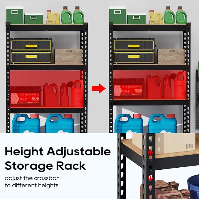 Storage Shelves 5 Tier Garage Shelving Heavy Duty Storage Rack, Adjustable Metal Shelving Unit, Garage Shelves for Basement Warehouse Pantry, 1655LBS, 60" H x 27.6" W x 11.8" D, Black