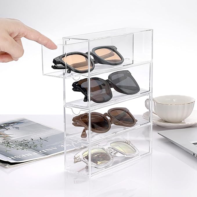 Hipiwe Acrylic Drawer Organizer Glasses Case Multiple Pairs Clear Desktop Drawers Box with 4 Pull Out Drawers Sunglasses Display Case Eyeglass Storage Organizer for Glasses Jewelry