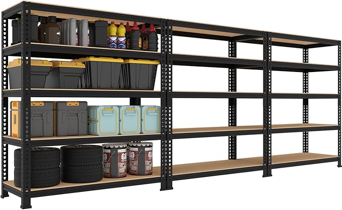 5 Tier Garage Storage Shelves - 32" W x 16" D x 63" H Adjustable Heavy Duty Metal Shelving Unit, Garage Shelving Utility Storage Rack for Basement, Pantry, Kitchen, Black, 3 PCS