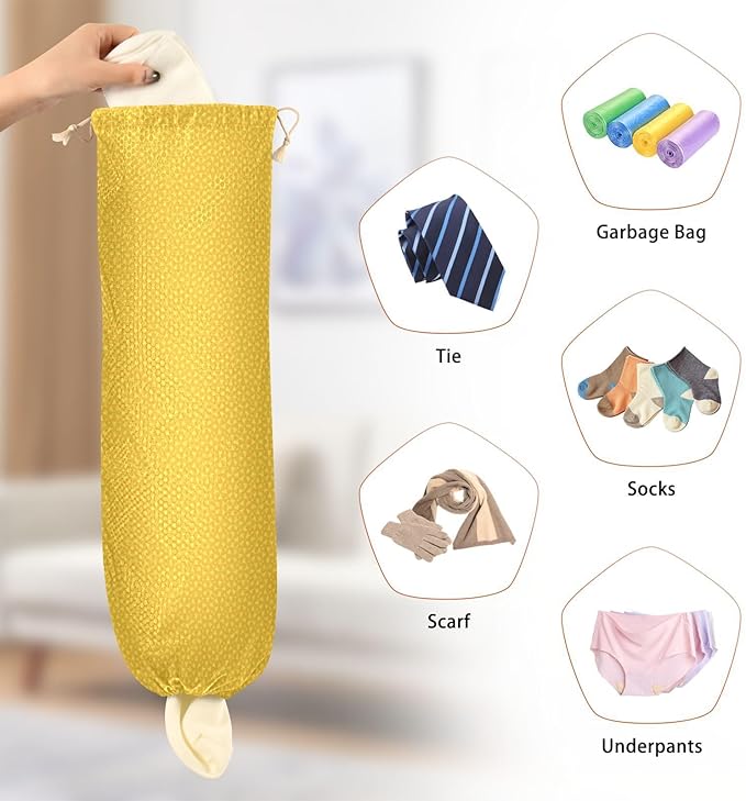 2 PCS Plastic Bag Holder Wall Mount Grocery Bag Holder Shopping Bag Trash Bag Storage Organizer Dispenser for Kitchen Closet 22 x 9 Inch Geometric Yellow