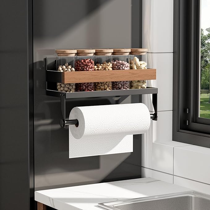 Magnetic Paper Towel Holder for Fridge Walnut Wall Mount Magnet Spice Rack for Kitchen Refrigerator