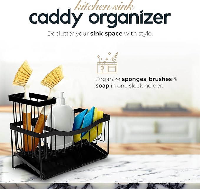 Modern Kitchen Sink Caddy Organizer with Soap & Sponge Holder – Rustproof Stainless Steel Brush Stand for Sink Counter – Stylish Kitchen Decor & Accessories.