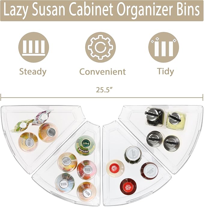 URALFA Lazy Susan Organizer Bins, Corner Cabinet Clear Turntable Organizer, Plastic Corner Kitchen Storage Bins for 26"- 28" Diameter Cabinet Lazy Susan, 1/8 Wedge-BPA Free, 8 Pack