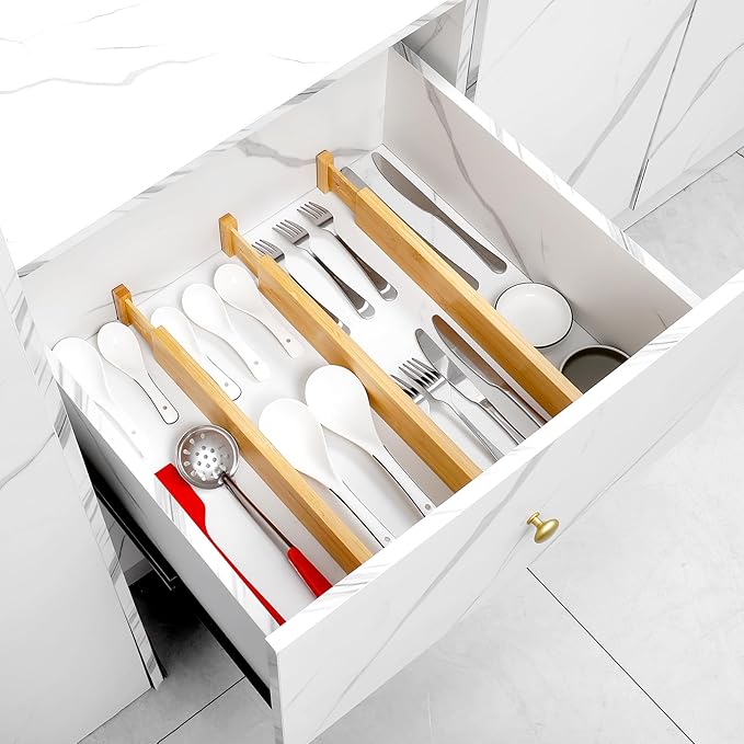 Bamboo Drawer Dividers 4 Pack, 16.4"-21.5" Expandable Drawer Organizer Separators for Kitchen, Bedroom, Dresser