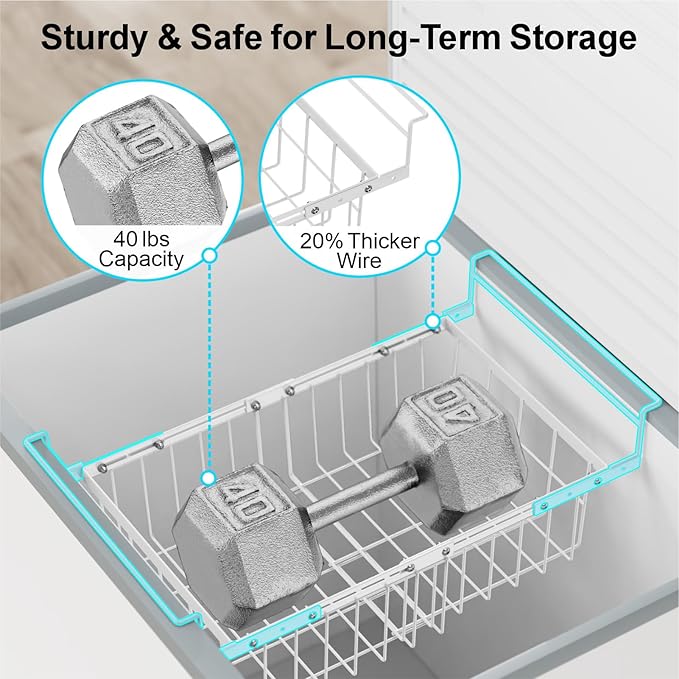 GSlife Freezer Organizer Bins - 2 Pack Expandable Freezer Bins for 10 to 20 Cu.Ft Chest Freezers, Hanging Wire Baskets Stop Digging & Maximize Top Storage Space, Sliding Deep Freezer Baskets, White