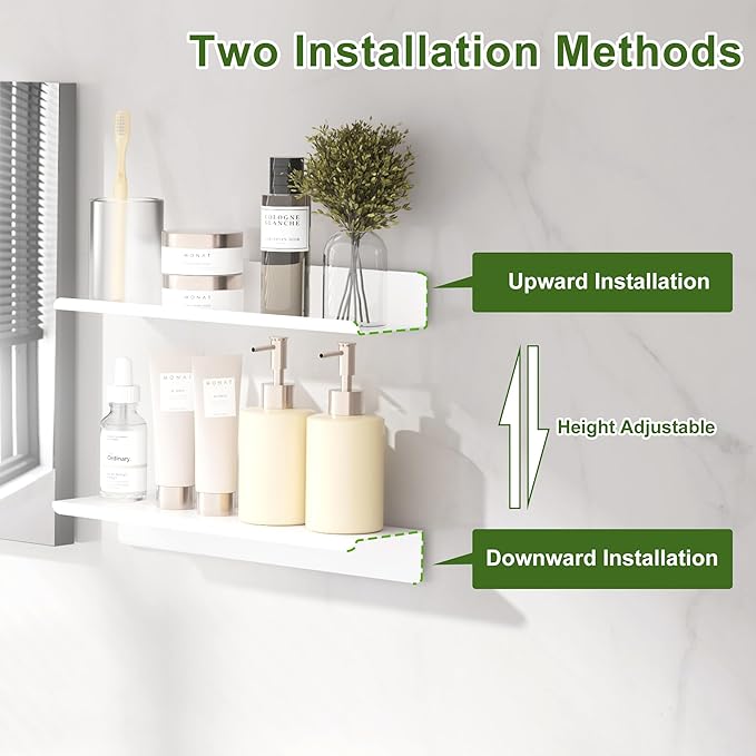 SAYAYO White Floating Shelves for Wall Storage, 16 Inch Adhesive Wall Shelves for Bedroom Decor, Small Display Bathroom Shelf Organizer for Kitchen, Living Room, Office, 2pcs