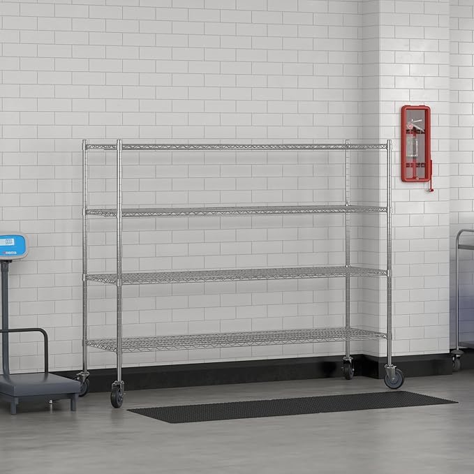 Commercial NSF Listed Chrome Mobile Wire Shelving Kit 21" x 72" x 60", with 4 Shelves Perfect for Warehouse, Walk-in Refrigerator, Freezer, Grocery Store, Restaurant, Dishroom