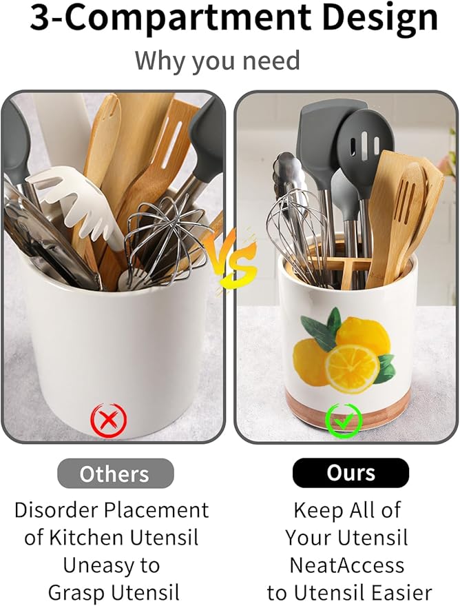 HAPPY KIT 7.6″ Extra Large Kitchen Utensil Holder Porcelain 360° Rotating Utensil Holder for Kitchen Counter with 3 Removable Compartment, Housewarming Gift & Farmhouse Decor (Lemon)