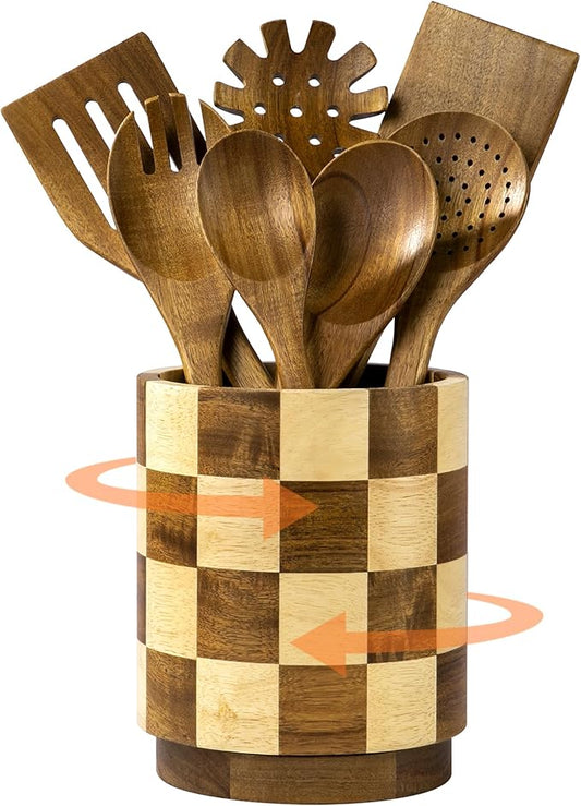 Wooden Utensil Holder, 360° Rotating Acacia Wood Kitchen Utensil Holder for Countertop, 7.2" Non-Slip Large Utensil Holder for Kitchen, Farmhouse Countertop Decor, Spatula Holders, Checkered