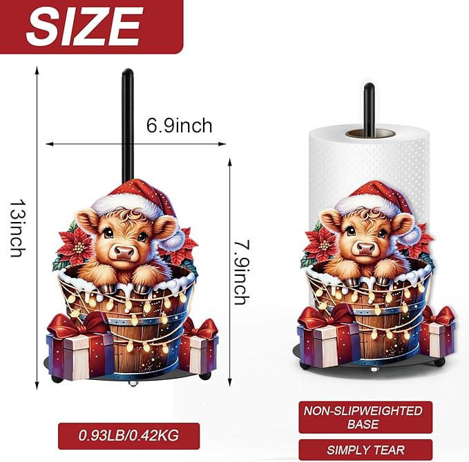 JarThenaAMCS Highland Cow Christmas Paper Towel Holder with Round Base Large Metal Xmas Bathroom Decor Rustic Dispenser Kitchen Paper Holder Stand for Winter Party Countertop Toilet Home Accessories