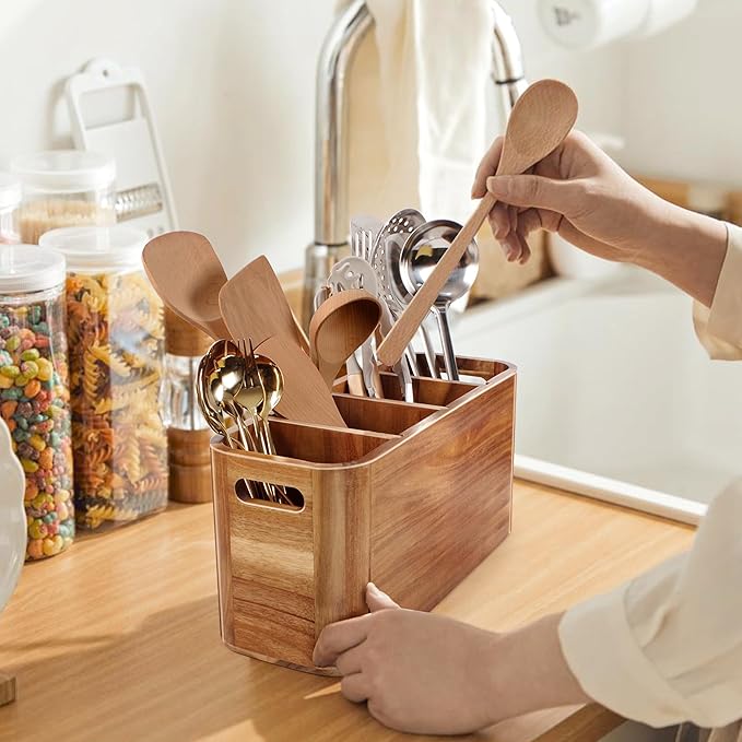 Wooden Utensil Holder for Kitchen Counter, Large Utensil Organizer for Storage Cooking & Silverware with 4 Compartment, Acacia Rustic Wood with Diatomaceous Earth Base Matte