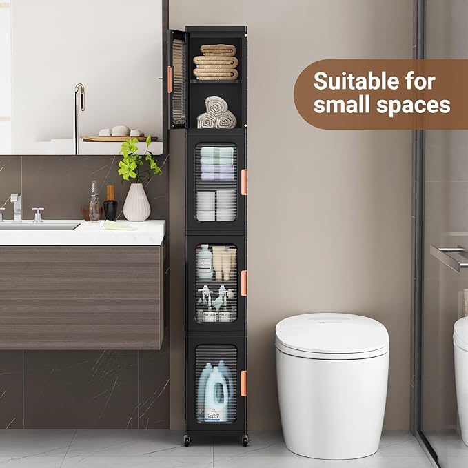BROVIEW 8-Tier Tall Narrow Storage Cabinet Organizer, Slim Bathroom Cabinets with Adjustable Shelves and Doors, Plastic Kitchen Pantry Organizers and Storages for Small Space, Laundry, Black