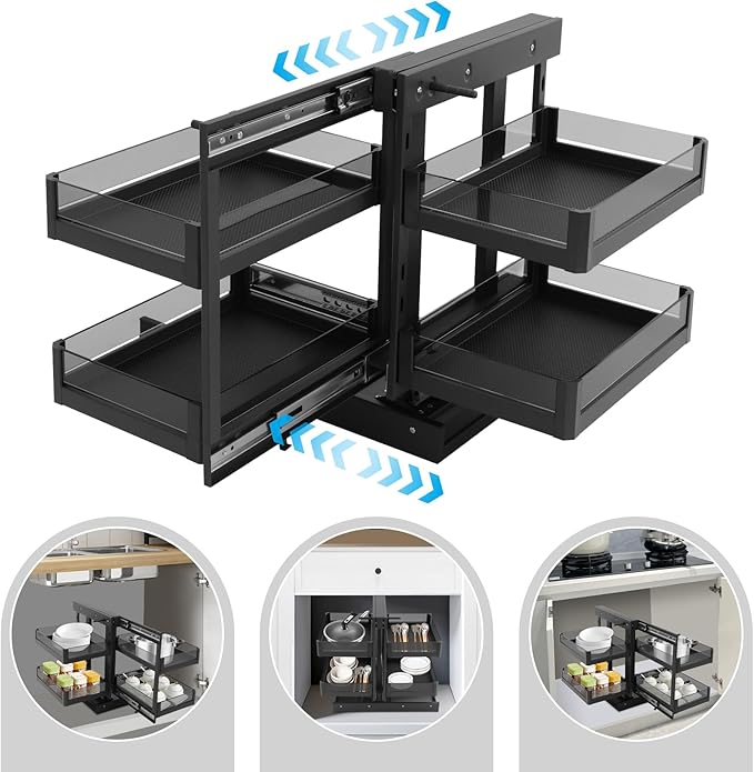 2-tier Pull-out Organizer with 4 Baskets, Kitchen Cabinet Blind Corner Pull-out Organizer, Corner Pull Out Cabinet with Sliding Design, Left Open & Right Open Compatible