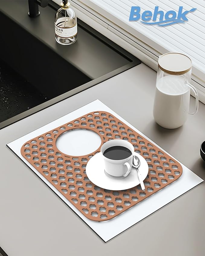 BEHOK 2 Pack Silicone Sink Protector for Kitchen Sink Bathroom, 13.58" x 11.6" Heat-resistant Sink Mat Non-Slip and Durable Silicone Protectors, Rear Drain, Coffee