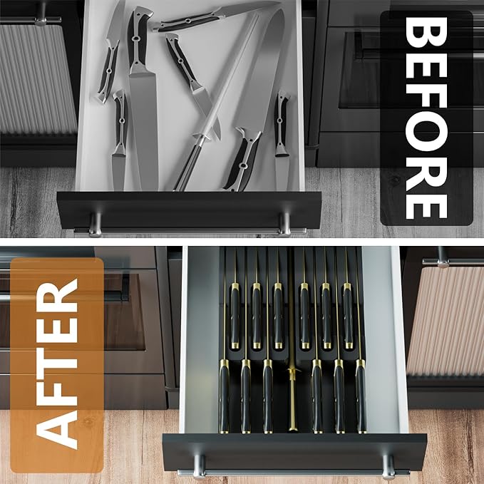 Domax Bamboo In-drawer Knife Block - Knife Drawer Organizer Insert Large Handle Steak Knife Holder, Kitchen Drawer Knife Organizer Fits for 12 knives and 1 Sharpening Steel (Not Included), Black