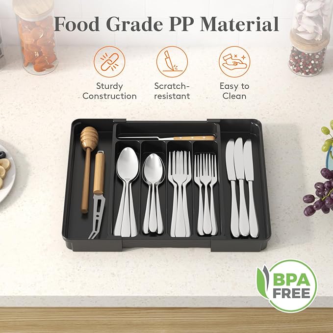 Lifewit Expandable Utensil Tray for Kitchen Drawer, Adjustable Silverware Organizer, BPA Free Plastic Cutlery Holder for Spoons Forks Knives, Black, Fits 8 to 14 Inch