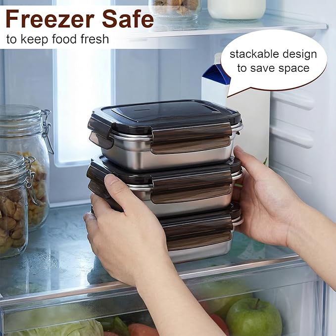 Acellegic 12 Pcs 304 Stainless Steel Food Storage Containers with Lid, Airtight Metal Food Containers Reusable Stackable Bento Meal Lunch Box Freezer/Dishwasher Safe for Kitchen Travel(12oz/ 350 ml)