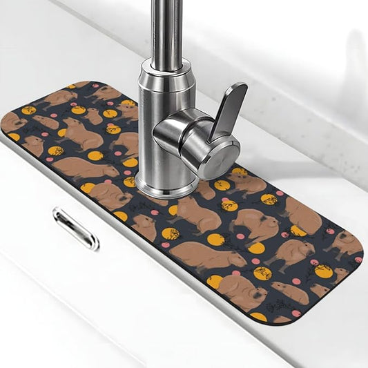 Capybara Doodle Botanical Circle Wildlife Kitchen Sink Splash Guard Faucet Mat Super Absorbent Fast Drying Mat Sink Gadgets-Fast Drying Pad Sink Mat For Kitchen Bathroom (15" X 5.5" )