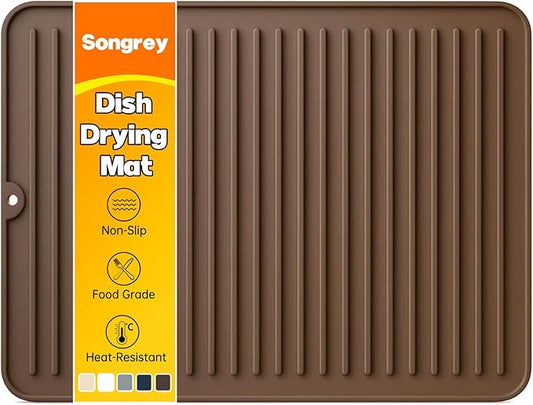 Songrey 16" x 12" Silicone Dish Drying Mat, Kitchen Counter Drying Pad for Sink Dishes or Under Rack, Multi-Use as Heat Resistant Trivet, Coffee Bar Mat