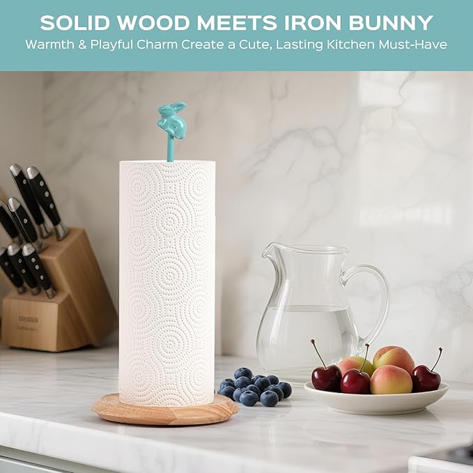 Wooden Paper Towel Holder Countertop, Cute Bunny Design - Natural Solid Wood Base with Iron Rod,Paper Towel Holder countertop for Kitchen Roll Organizing, Dining Table & Home Décor