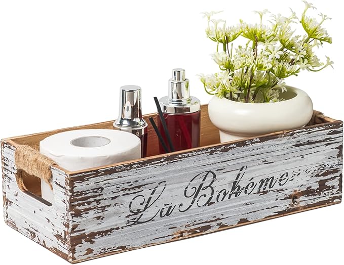 TIMRIS Farmhouse Distressed Wooden Storage Box, Rustic Bathroom Decor Box, Decorative Toilet Tank Basket Nice Butt, Vintage Countertop Organizer Box with Handles (Distressed White)