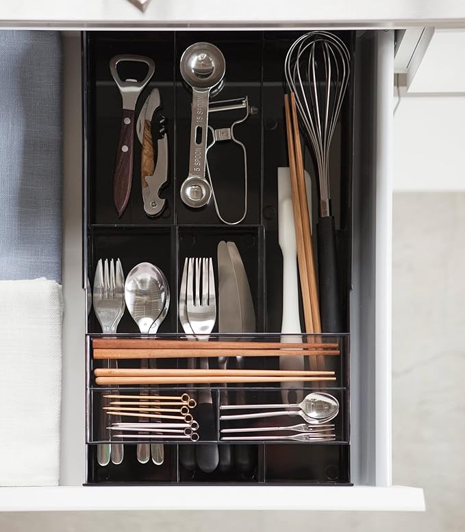 YAMAZAKI Home Tower Expandable Cutlery Drawer Organizer - Kitchen Silverware Utensil Storage Tray - Abs Plastic
