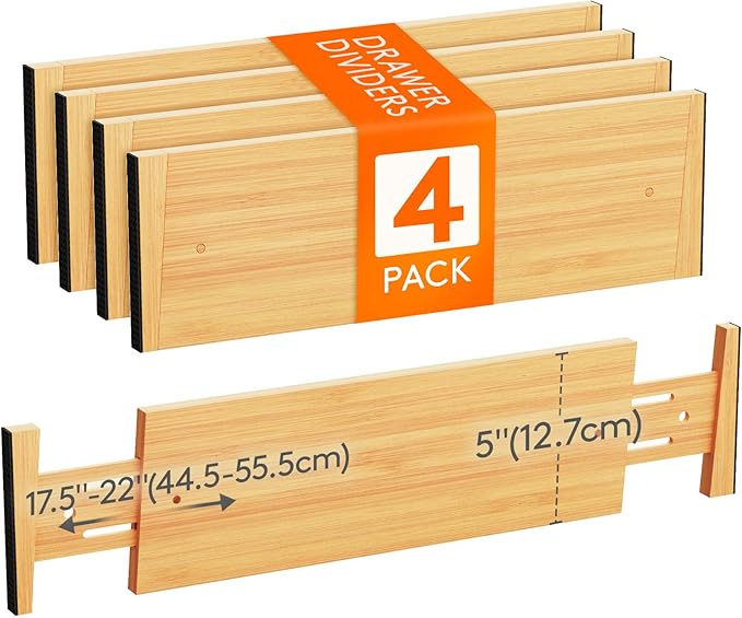 Lifewit 4 Pack 5" Deep Bamboo Drawer Dividers, 17.5-22" Expandable Drawer Organizers for Clothes, Adjustable Dresser Drawer Divider, Clothing Drawer Separators for Dresser, Bedroom, Bathroom, Kitchen
