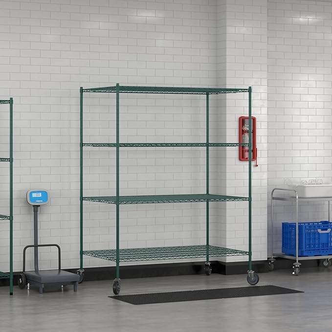 Commercial NSF Listed Green Epoxy Mobile Wire Shelving Kit 36" x 60" x 80", with 4 Shelves Perfect for Warehouse, Walk-in Refrigerator, Freezer, Grocery Store, Restaurant, Dishroom