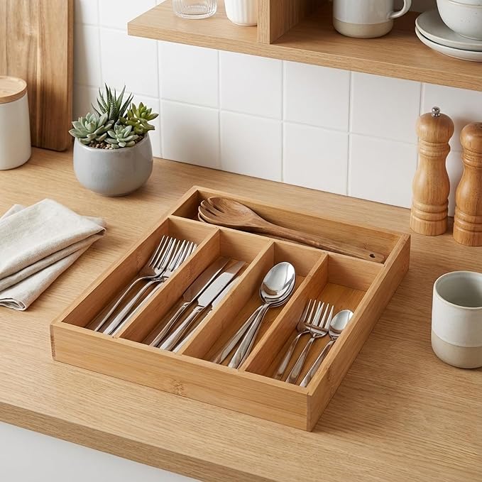 Wooden Silverware Organizer for Drawer, Bamboo Utensil Drawer Organizers, Kitchen Utensil Organizer Tray with 5 Storage Compartments, Flatware Organizers for Cutlery Flatware 13.1 x 9.8 x 1.5"