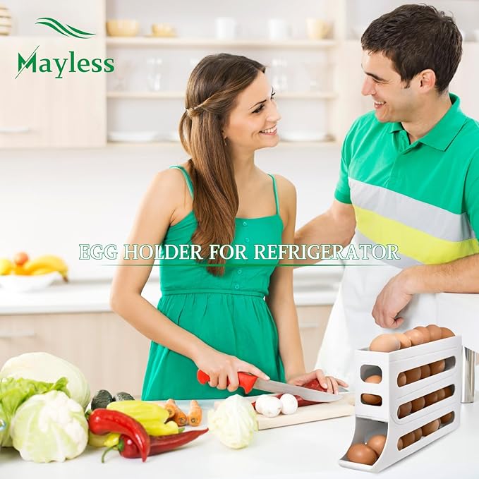 MAYLESS Auto Rolling Egg Holder for Fridge, Refrigerator Organizer Rack (White)