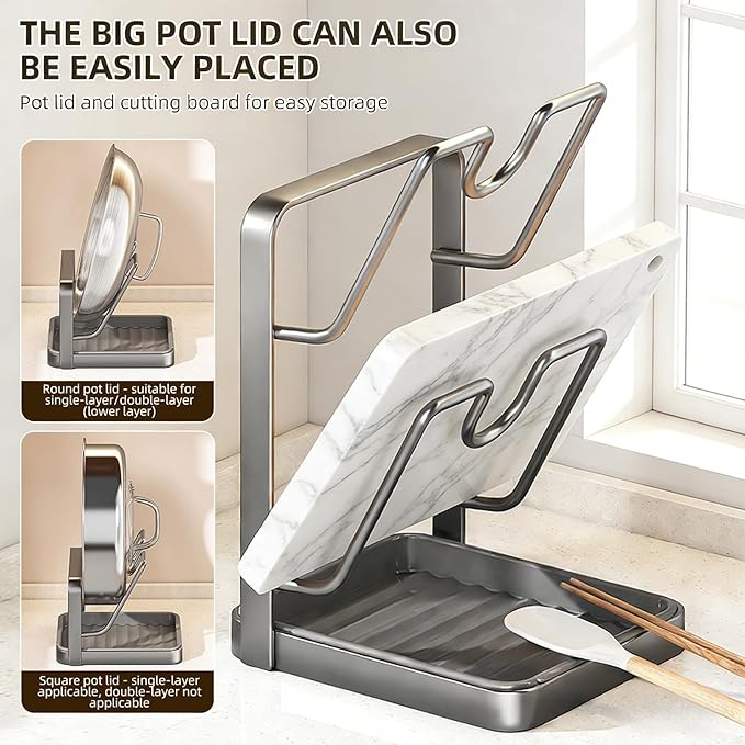 Kitchen Pot Lid Organizer Countertop - Carbon Steel Spoon Rest, Cutting Board Holder with Drip Tray, Rust-Resistant Farmhouse Storage Rack (A-Gray Double-layer)