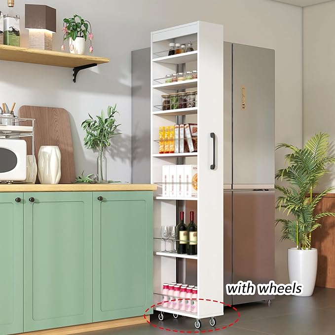 Domesto 7 Tier Slim Storage Cart, Rolling Spice Rack Next to Fridge Slim, Wooden Narrow Buffet Server Storage Shelf Freestanding Shelves Units, for Living Room & Narrow Spaces (Walnut)