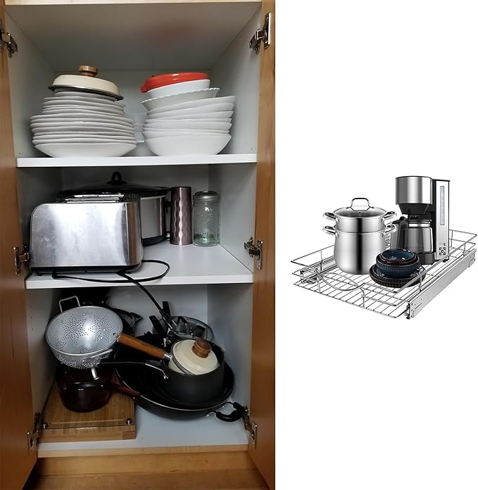 Pull Out Cabinet Organizer 20" W x 21" D, Heavy Duty Kitchen Cabinet Pull Out Shelves, Slide Out Wire Basket for Kitchen Cabinets, Bathroom, Pantry, Chrome Finish