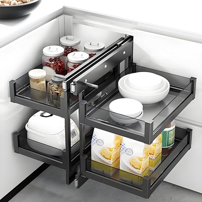 Blind Corner Cabinet Pull Out Organizer, 2-Tier Pull-Out Organizer with 5 Baskets, Corner Pull Out Cabinet with Sliding Design, Left Open & Right Open Compatible