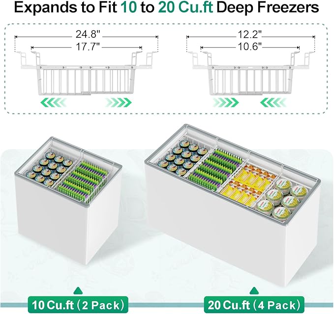GSlife Freezer Organizer Bins - 2 Pack Expandable Freezer Bins for 10 to 20 Cu.Ft Chest Freezers, Hanging Wire Baskets Stop Digging & Maximize Top Storage Space, Sliding Deep Freezer Baskets, White