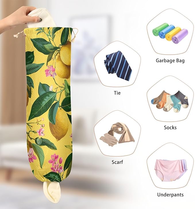 Plastic Bag Holder Wall Mount Grocery Bag Shopping Bag Storage Holder Organizer Dispenser with Adhesive Hook,for Kitchen Bathroom Home Decor 9x22 Inches Lemons and Floral Pink14