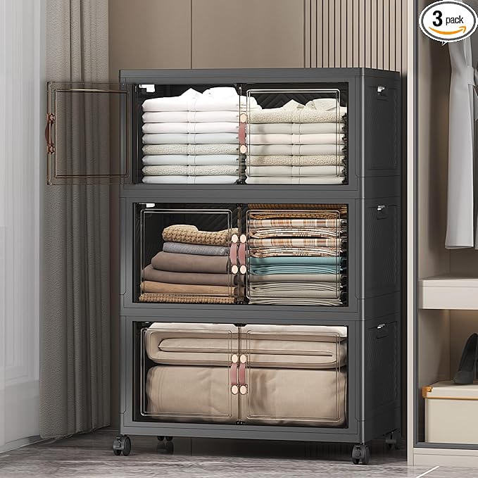 Stackable Storage Bins with Lids & Wheels & Door, Foldable Collapsible Closet Organizers, Extra Large Plastic Storage Drawers for Bedroom Dorm Office Garage (Dark-112QT, 3Pack with 1 top lid)