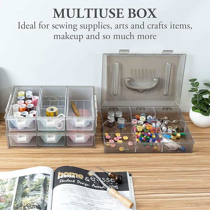 MyGift 11 Inch Smoke Gray Transparent Arts and Crafts Sewing Supplies Storage Organizer Case with White Accents, 24 Customizable Compartments, and 6 Drawers with Removable Dividers