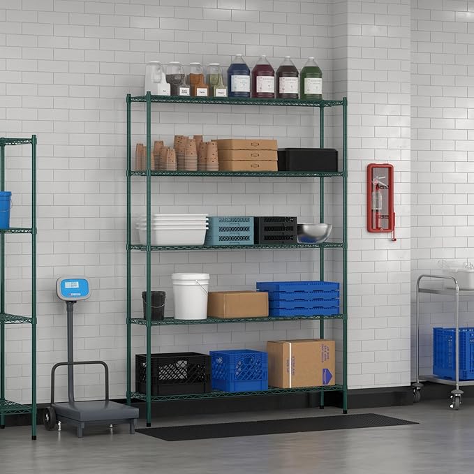 Commercial NSF Listed Green Epoxy Stationary Wire Shelving Kit 14" x 60" x 86", with 5 Shelves Perfect for Warehouse, Walk-in Refrigerator, Freezer, Grocery Store, Restaurant, Dishroom