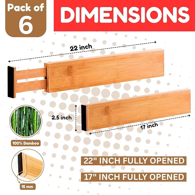 Bamboo Drawer Dividers, Adjustable Organizers, 17-22 Inch Expandable, Natural Wood, Pack of 6