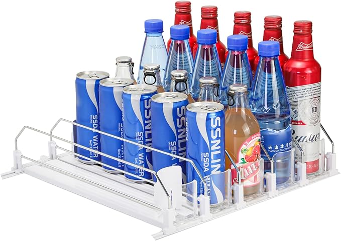 Drink Organizer for Fridge，adjustable soda can and bottled beverage dispenser,automatic sliding , soda can organizer，Holds up to 25 Cans，5 Row