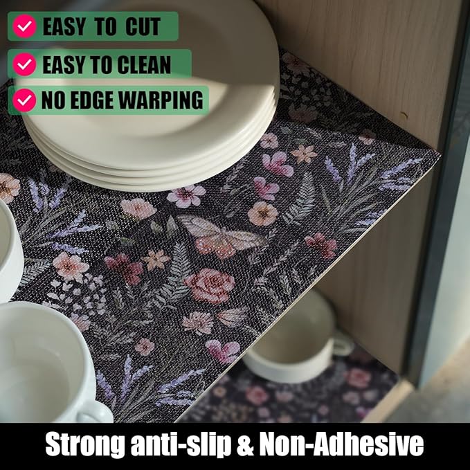 Amiitay Butterfly Shelf and Drawer Liner for Kitchen Cabinets, Non-Adhesive and Strong Non-Slip Floral Shelf Cabinet Drawer Liners for Kitchen, Waterproof Cupboard Liners,Easy to Clean,12IN x 10FT